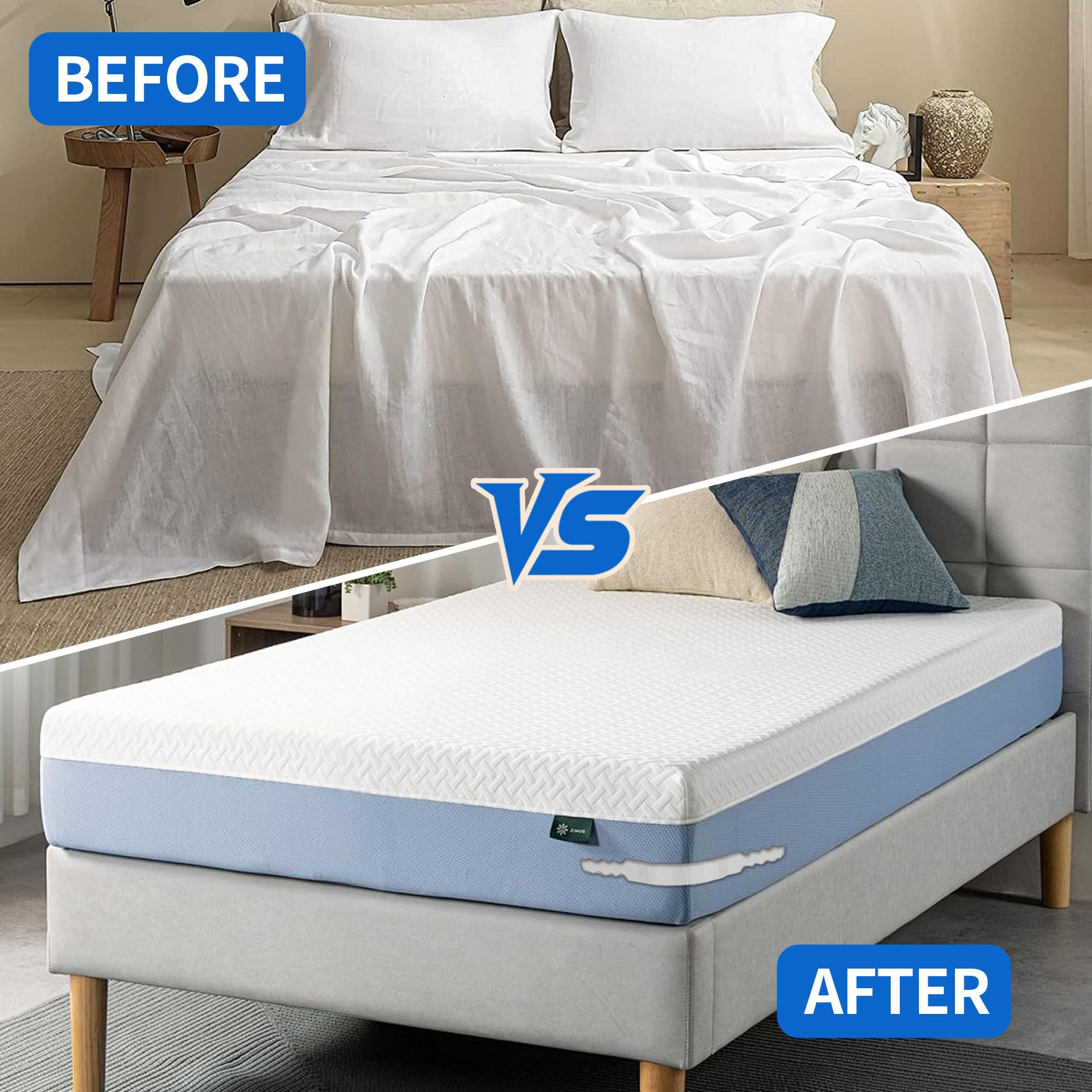 Before and after showing loose sheets compared with a smooth fitted sheet
