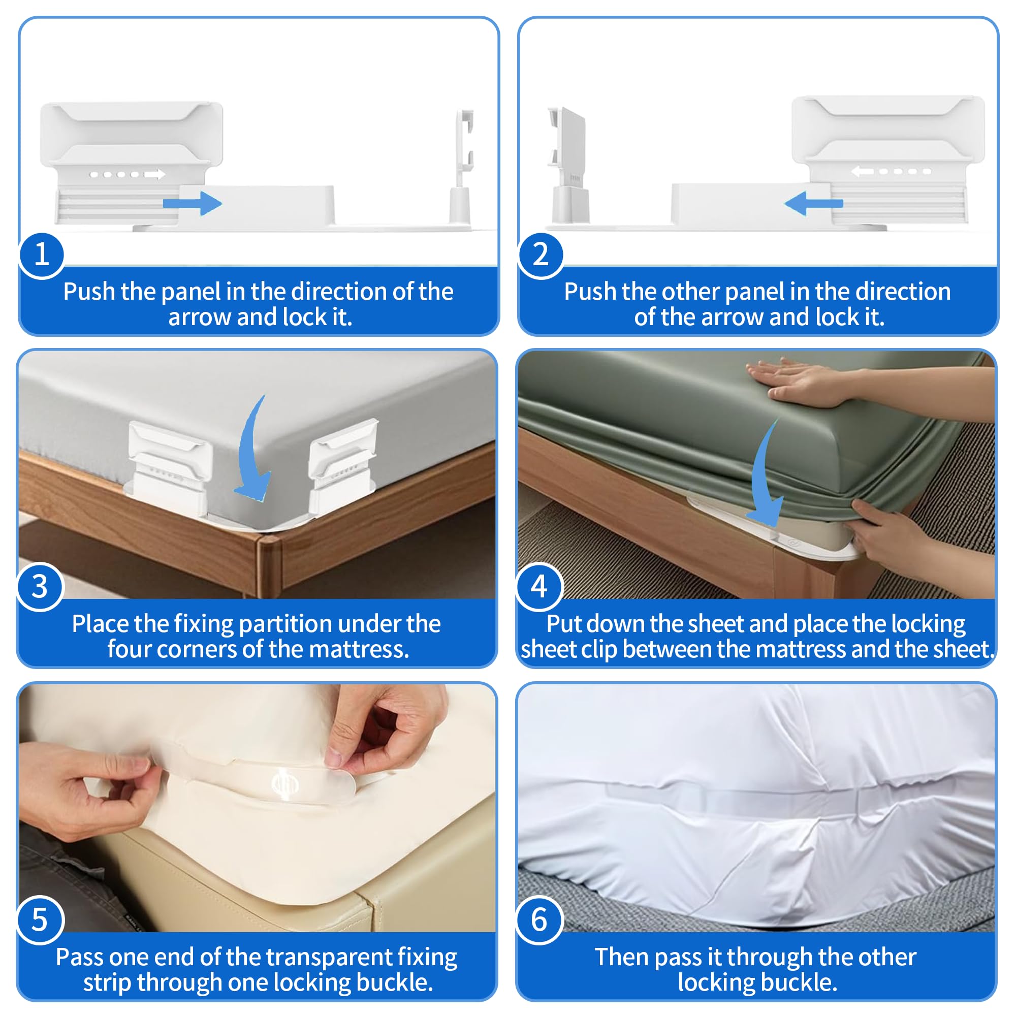 Illustrated installation guide for bed sheet corner holders