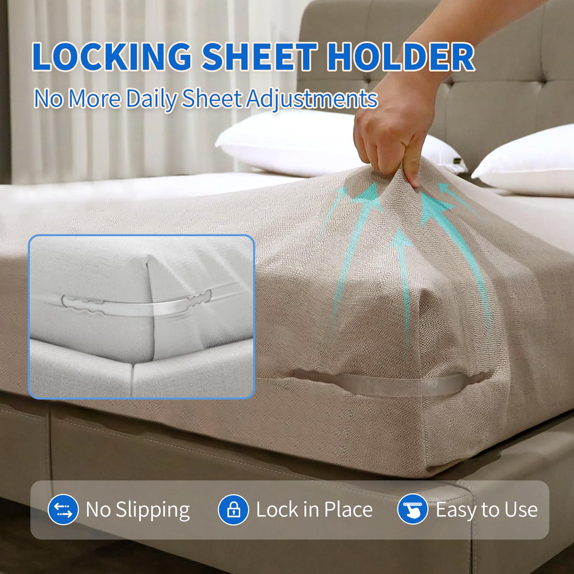 Bed sheet held firmly in place by a locking sheet holder