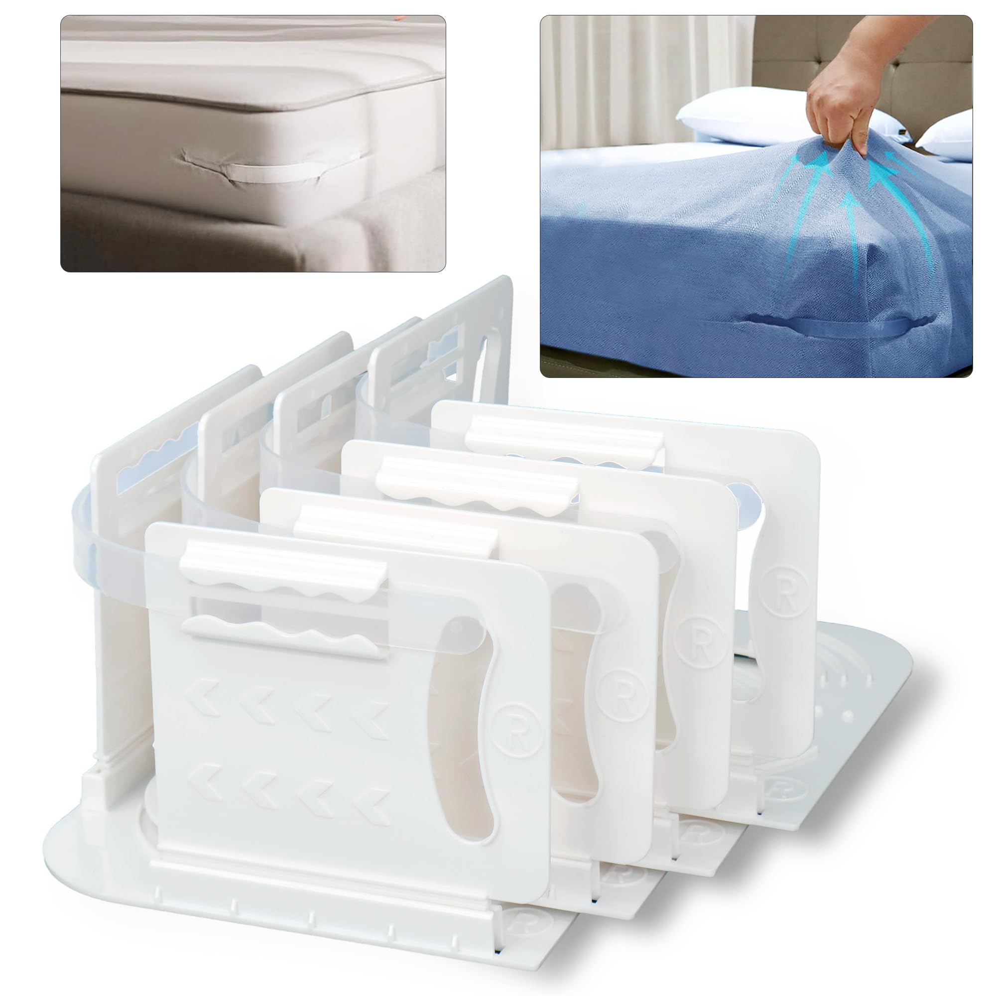 White bed sheet corner holders and transparent locking straps
